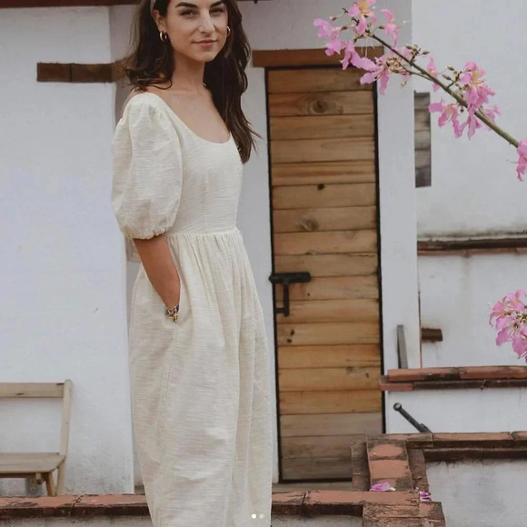 & Other Stories Beige Midi Dress with Puff Sleeves - Picture 6 of 16